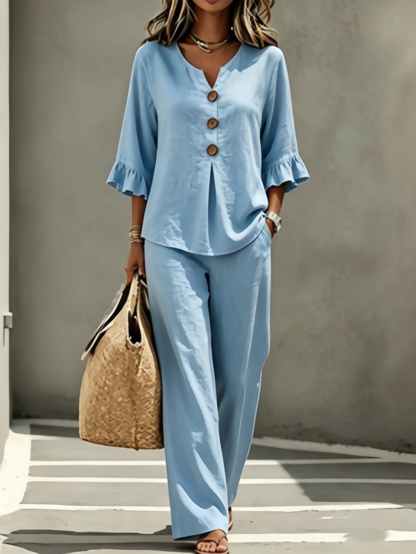 Solid Colour V-Neck Ruffle Three-Quarter Sleeve Top & Pants Set