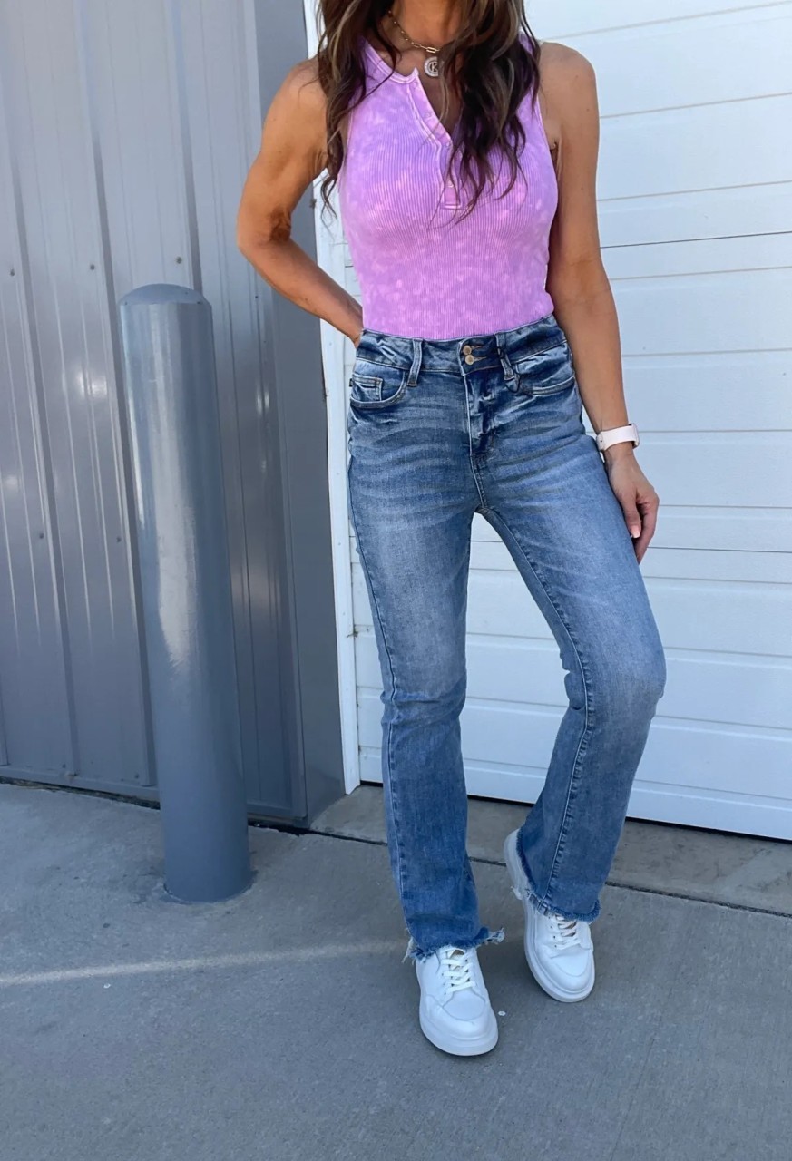 Judy Vintage Double Button Frayed Hem Bootcut Jeans (Buy 2 Free Shipping)