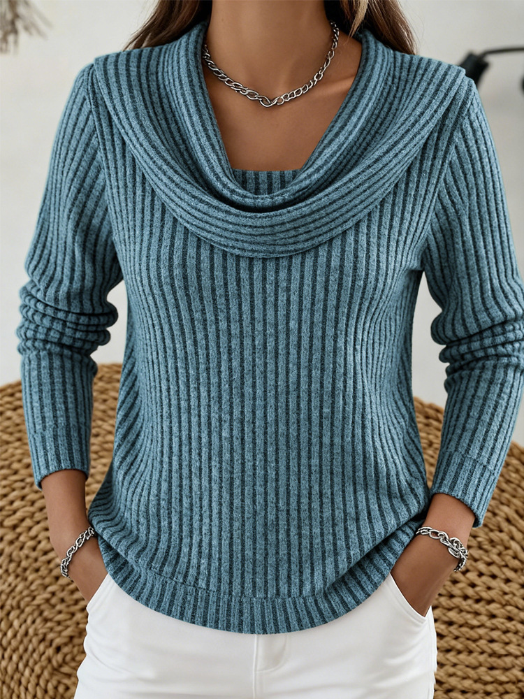 Women's casual loose-fitting fashionable solid-color herringbone long-sleeved knit top