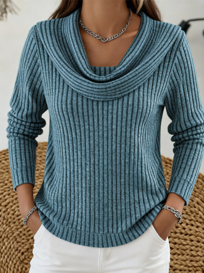 Women's casual loose-fitting fashionable solid-color herringbone long-sleeved knit top