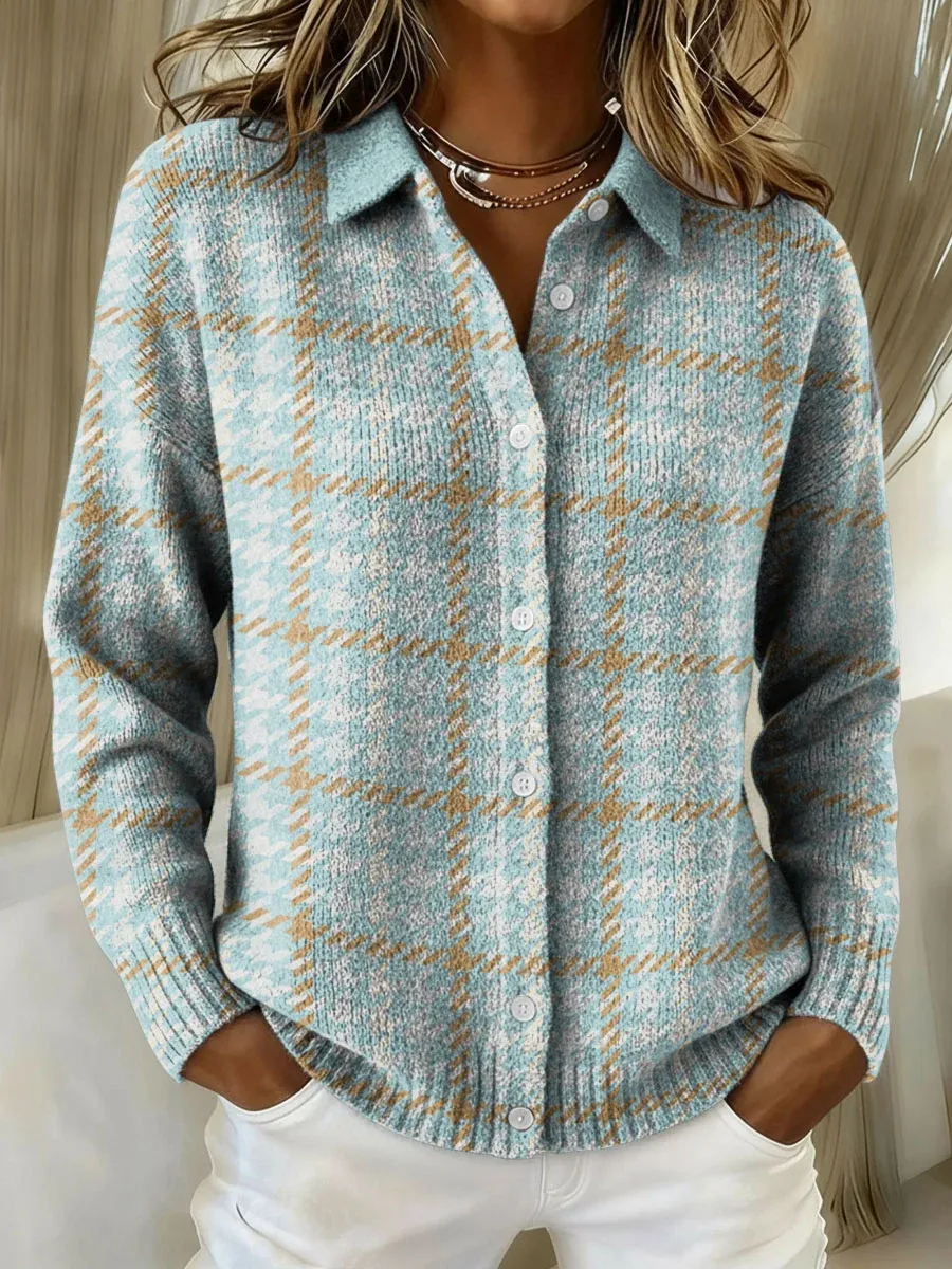 Women's Plaid Print Casual Cotton Buttoned Cardigan Sweater