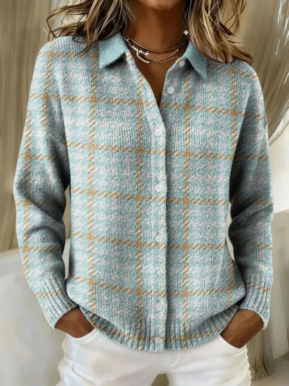 Women's Plaid Print Casual Cotton Buttoned Cardigan Sweater
