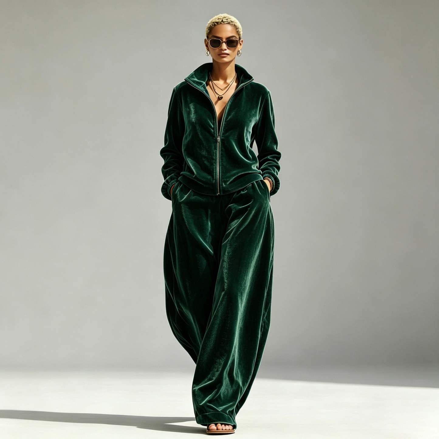 Gold Velvet Mandarin-Collar Jacket & Pants Two-Piece Set – Women's Relaxed Fit