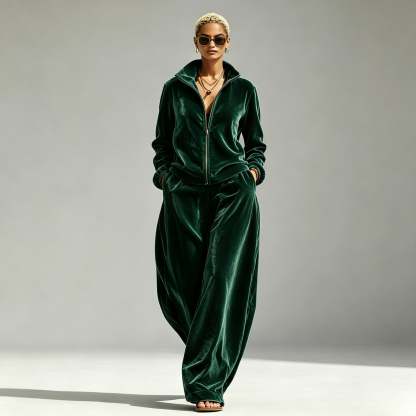 Gold Velvet Mandarin-Collar Jacket & Pants Two-Piece Set – Women's Relaxed Fit