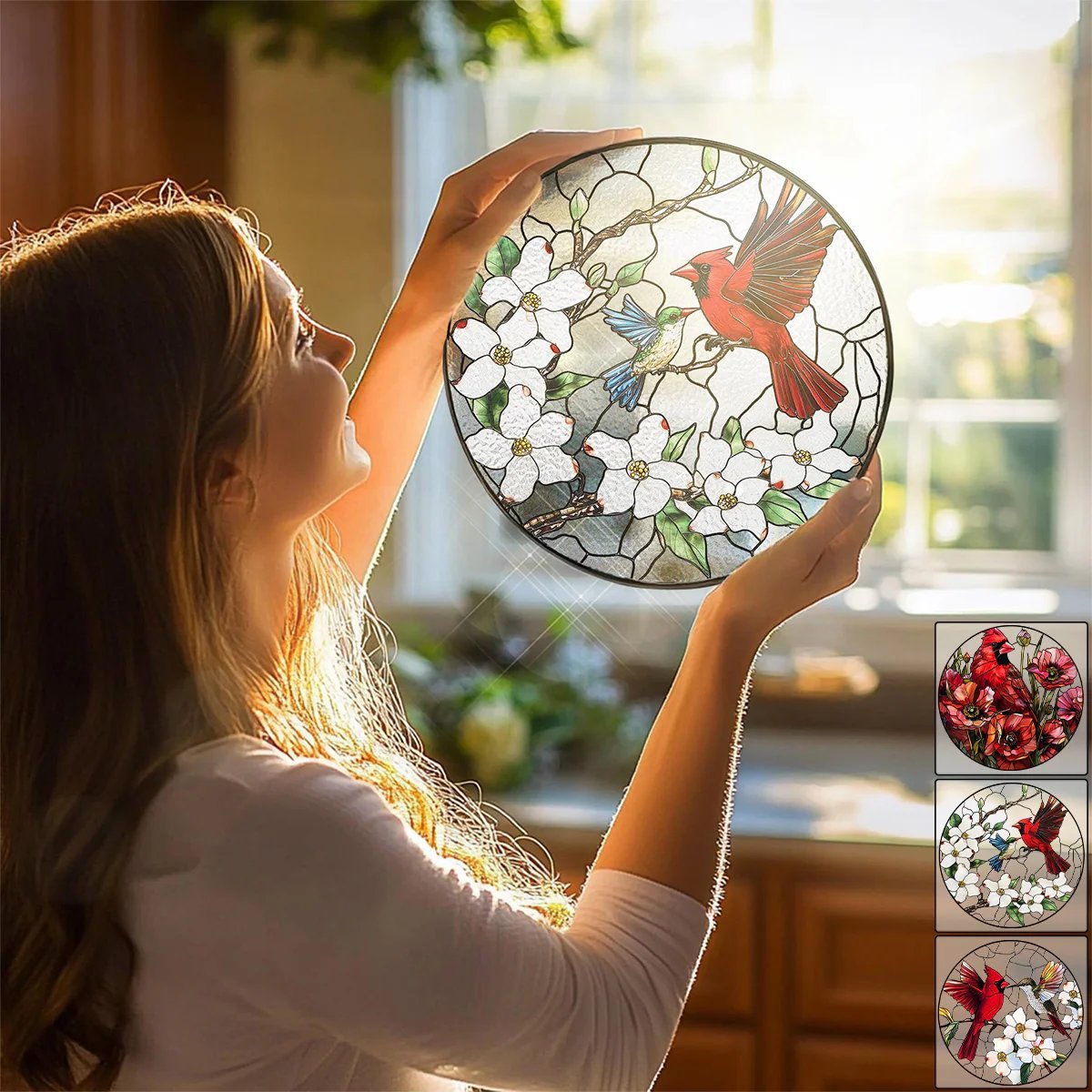 Cardinal&Hummingbird Stained Glass Suncatcher Window Hangings-Memorial Gift