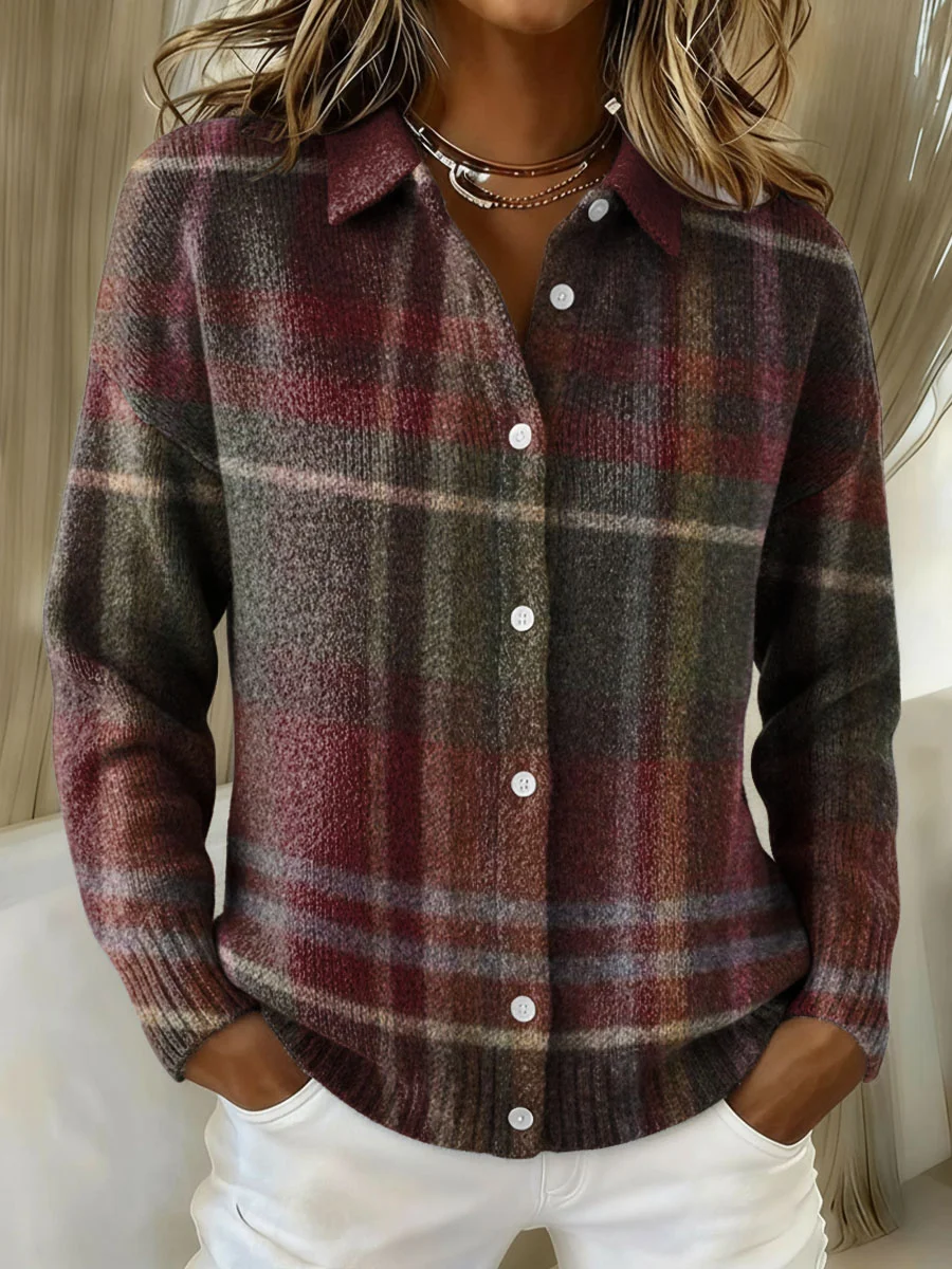 Women's Plaid Print Casual Cotton Buttoned Cardigan Sweater