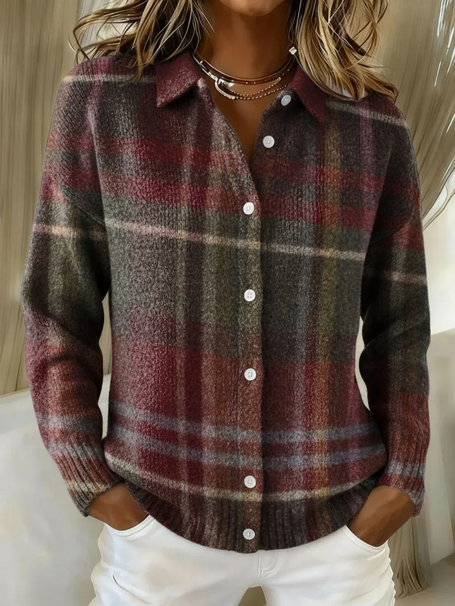 Women's Plaid Print Casual Cotton Buttoned Cardigan Sweater