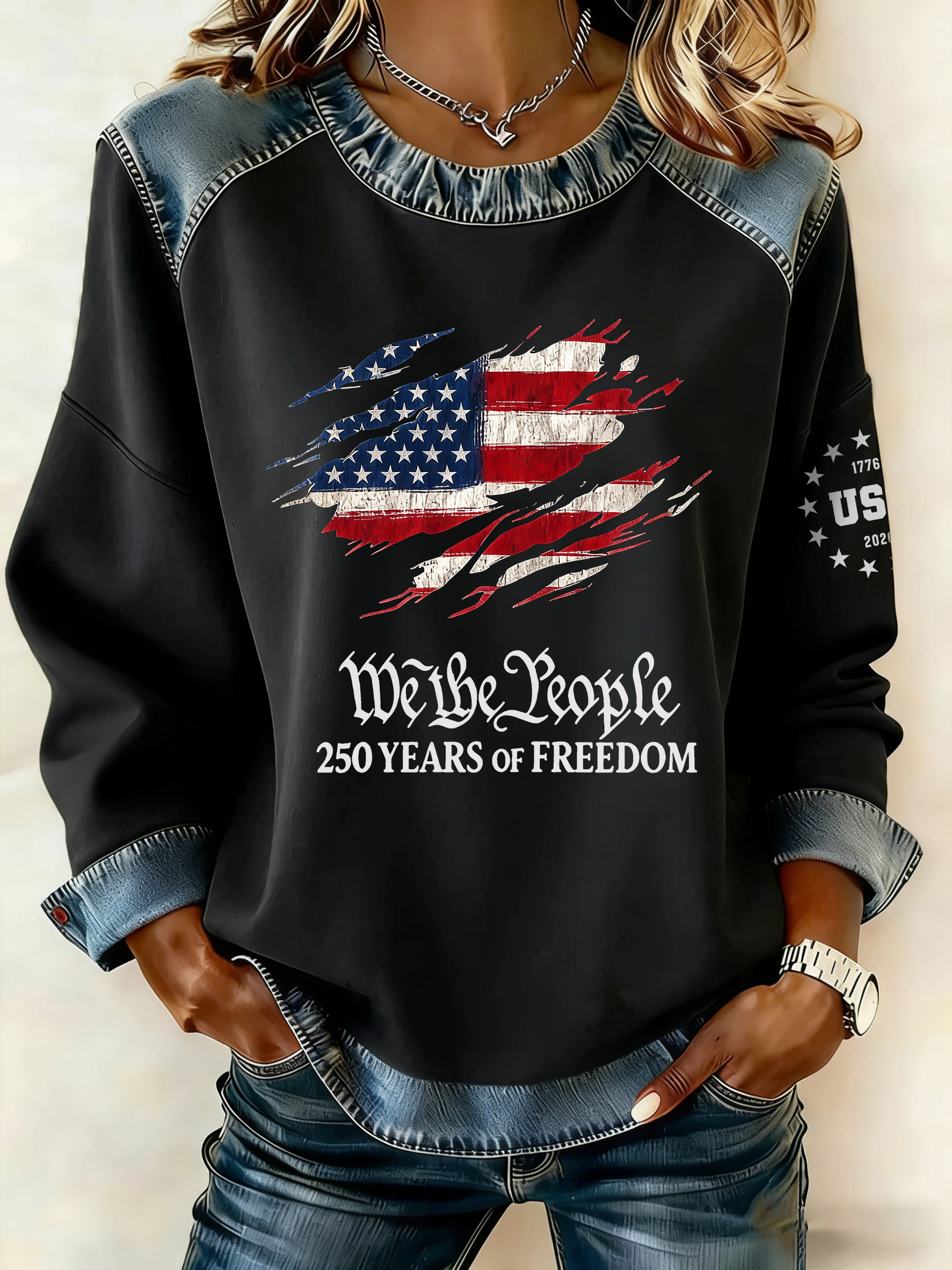US 250th Anniversary Denim Patchwork Sweatshirt