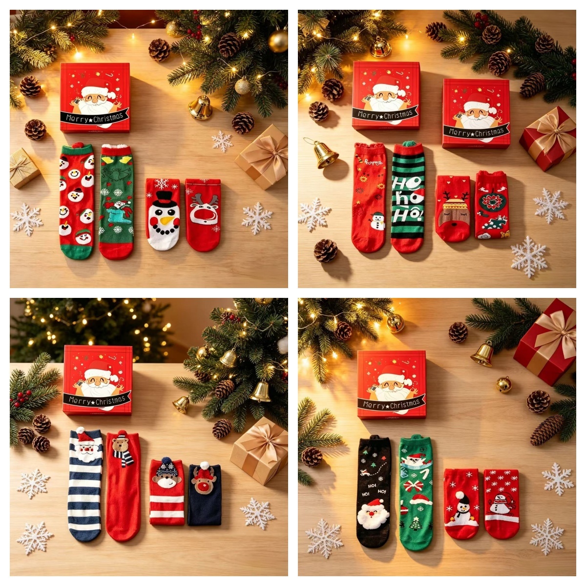 Christmas Socks Gift Set, 4‑Pair Festive Cotton Crew Socks, Holiday Christmas Gift for Women Men Family, Cute Santa Reindeer Snowman Printed Socks