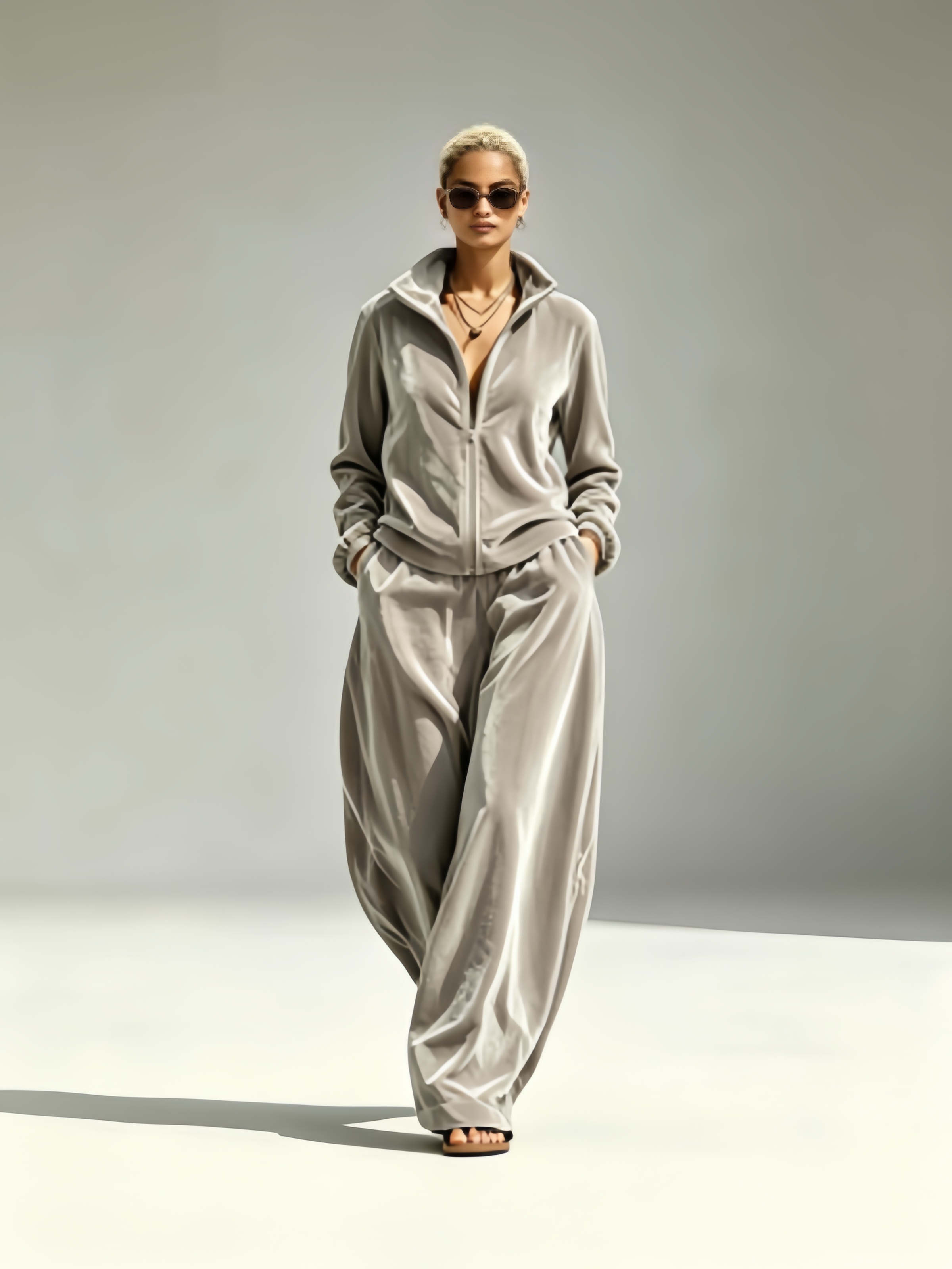 Gold Velvet Mandarin-Collar Jacket & Pants Two-Piece Set – Women's Relaxed Fit