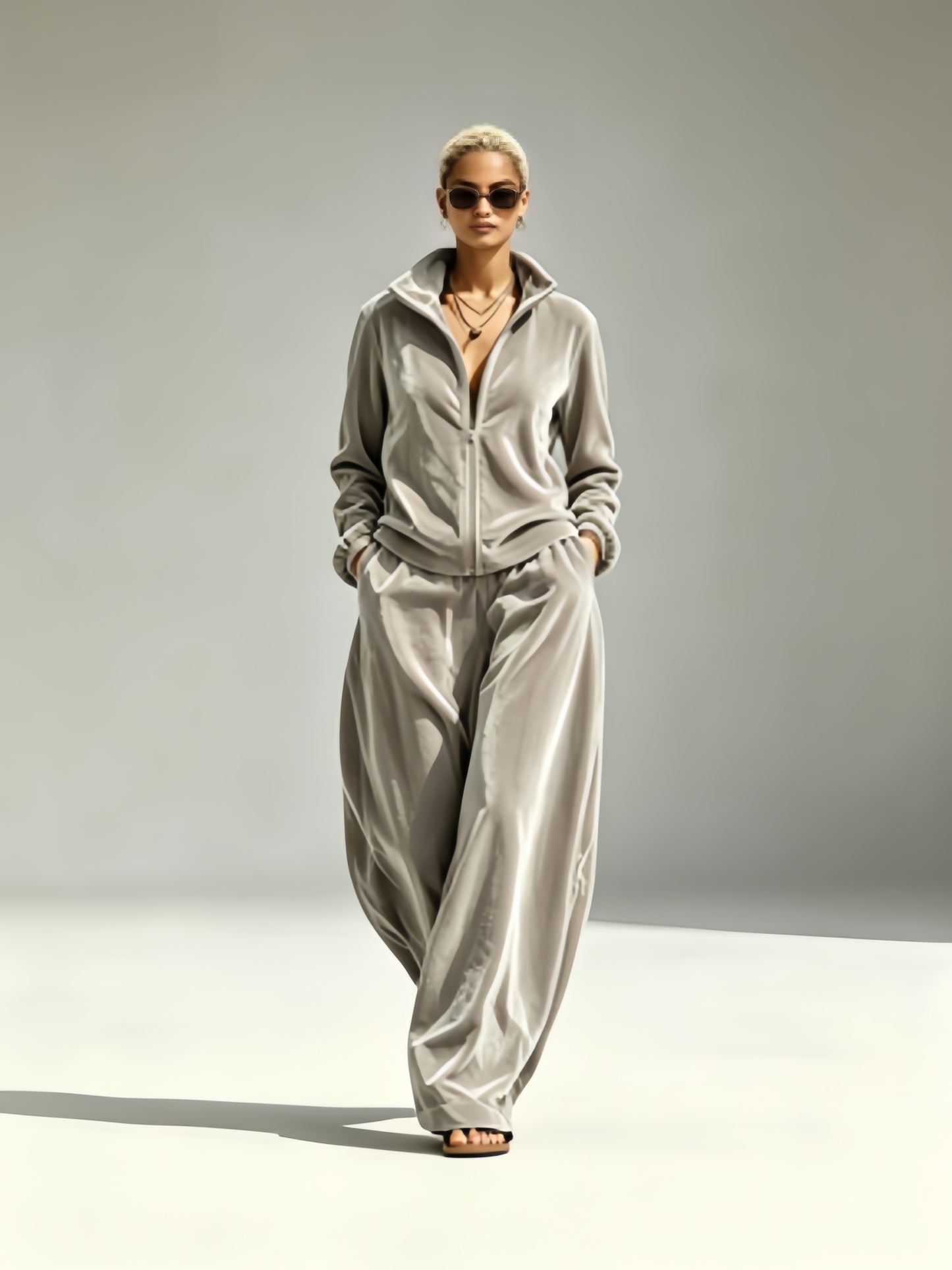 Gold Velvet Mandarin-Collar Jacket & Pants Two-Piece Set – Women's Relaxed Fit