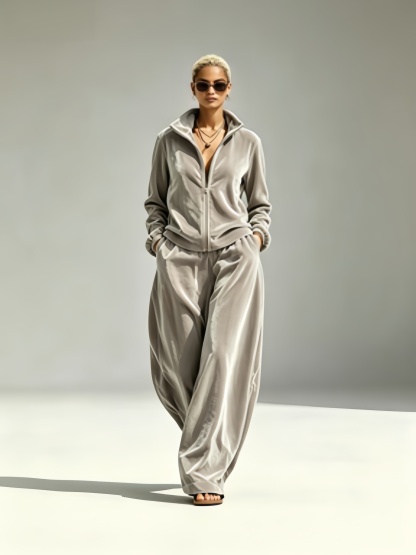 Gold Velvet Mandarin-Collar Jacket & Pants Two-Piece Set – Women's Relaxed Fit
