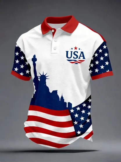 Men'S Retro Faith American 250Th Anniversary Casual Short-Sleeve Polo Shirt
