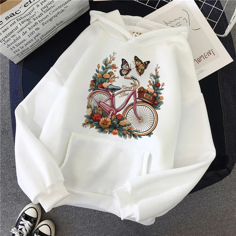 🦋Vintage Floral Bike Print Hoodie Oversized Retro Aesthetic Sweatshirt