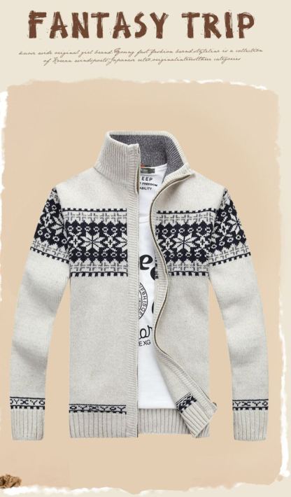 Men's winter knitted cardigan sweater - Nordic pattern zipped blended jacket