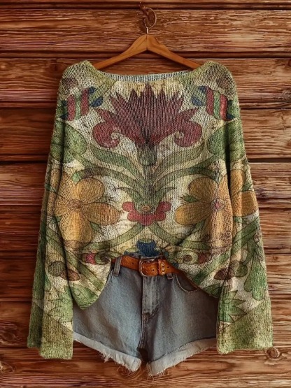 Women’s Boho Chic Sweater – Casual Retro Long Sleeve Knitwear