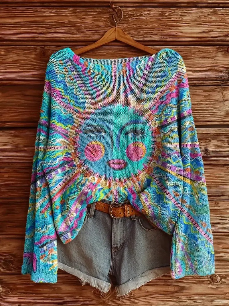 Women’s Boho Chic Sweater – Casual Retro Long Sleeve Knitwear