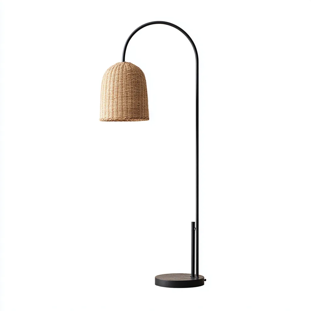 Lampada da terra con struttura in metallo e paralume in rattan per soggiorno 39x150 cm - naturale - nero - design minimalista moderno-Interiorixe
