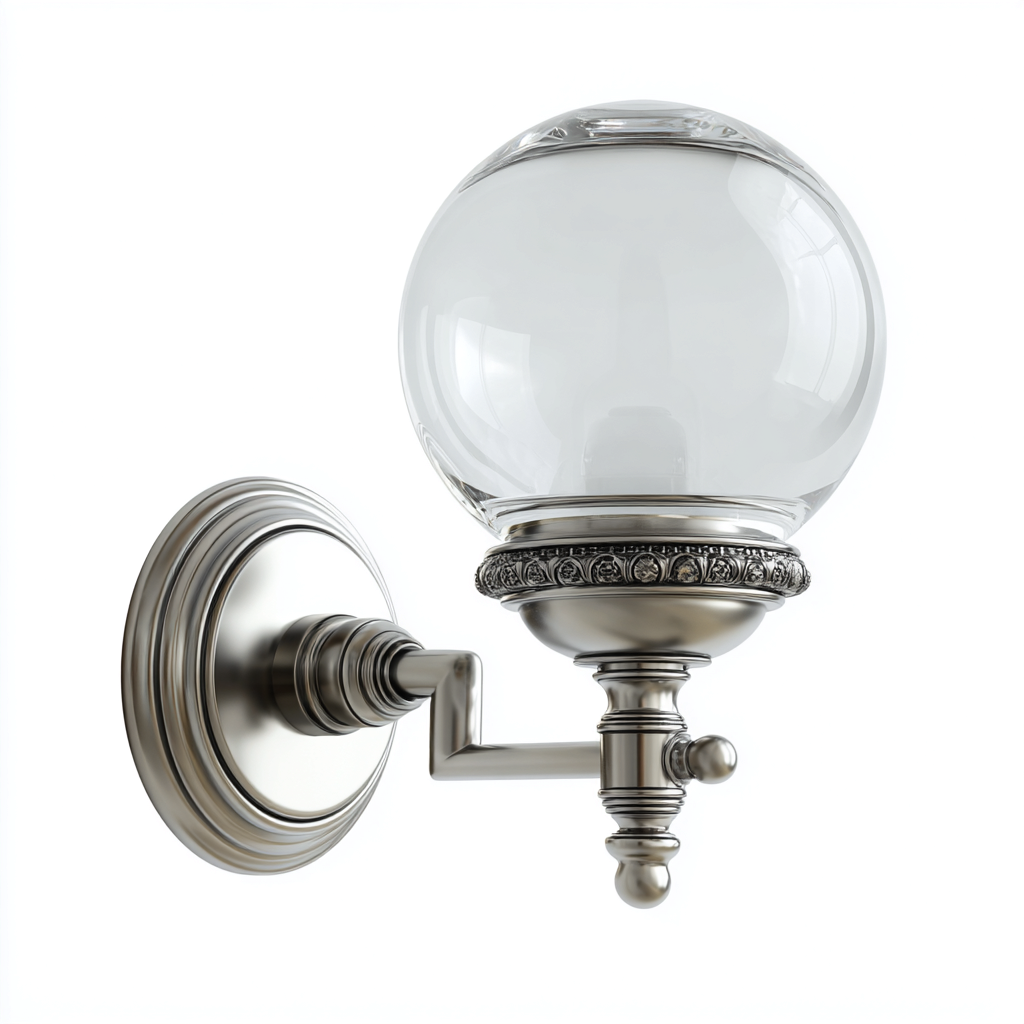 Applique a parete in metallo nichelato e vetro trasparente 20x34 cm - colore argento lucido - per bagno e soggiorno - design classico con sfera in vetro-Interiorixe