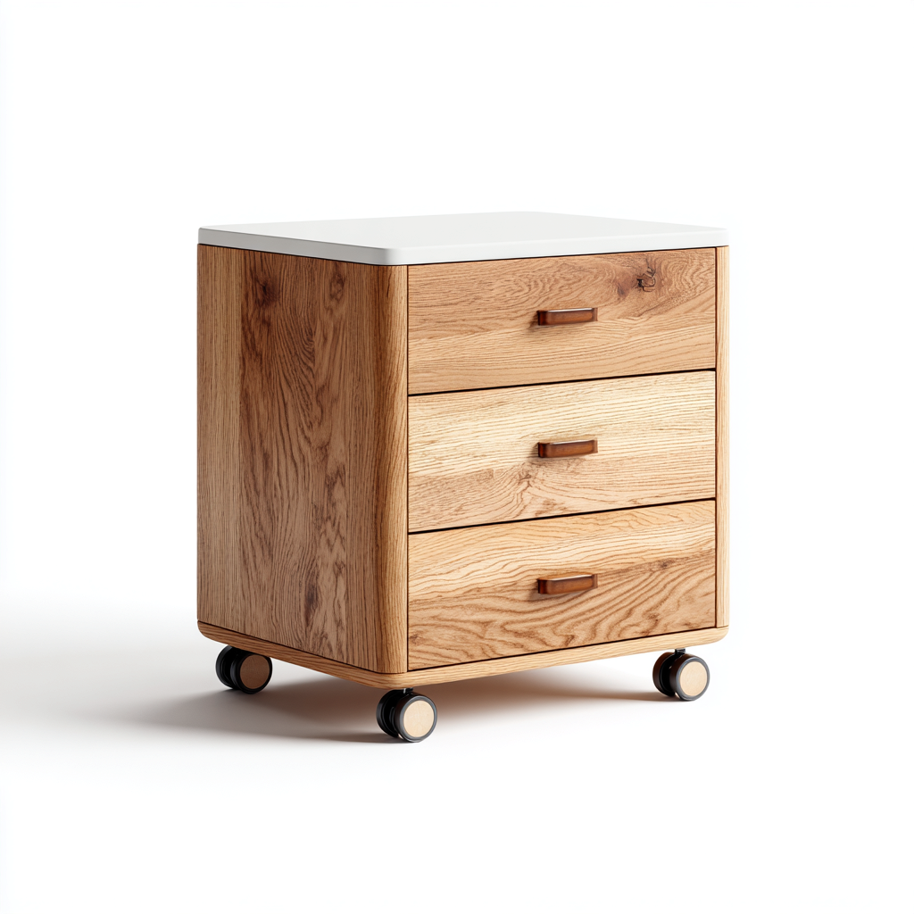 Armadio per ufficio con ruote in legno - colore rovere chiaro con piano bianco - con 3 cassetti - 45x45x65 cm - design moderno - adatto per ufficio domestico-Interiorixe