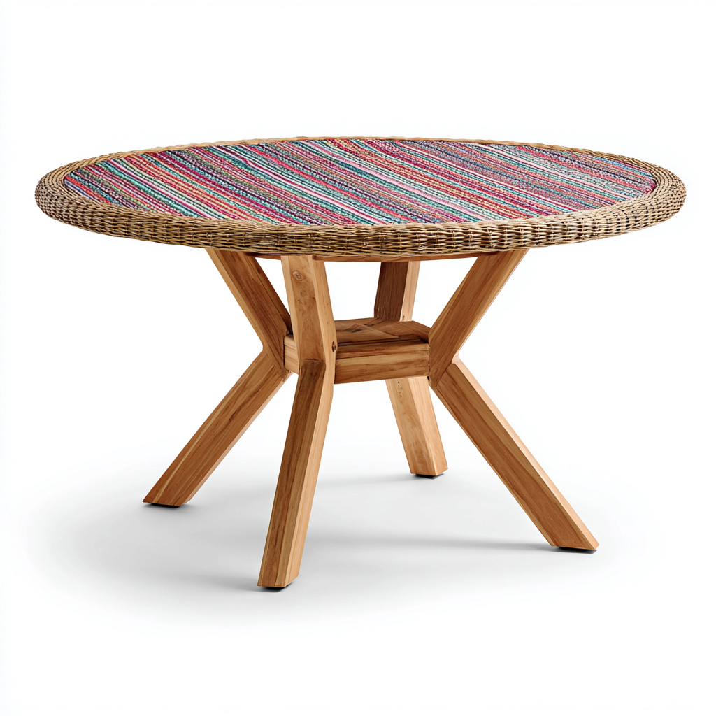 Tavolo da giardino rotondo in legno e rattan - 110x110x75 cm - multicolore e naturale - per esterni - design boho-Interiorixe