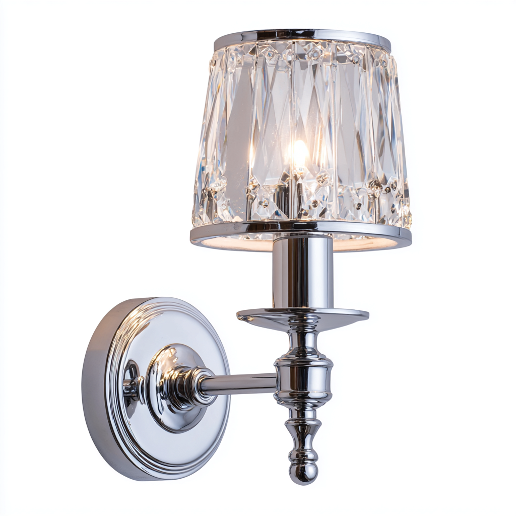 Applique a parete in metallo cromato con paralume in vetro cristallo 20x30 cm - colore argento - per soggiorno e camera da letto - design classico elegante a luce riflessa-Interiorixe