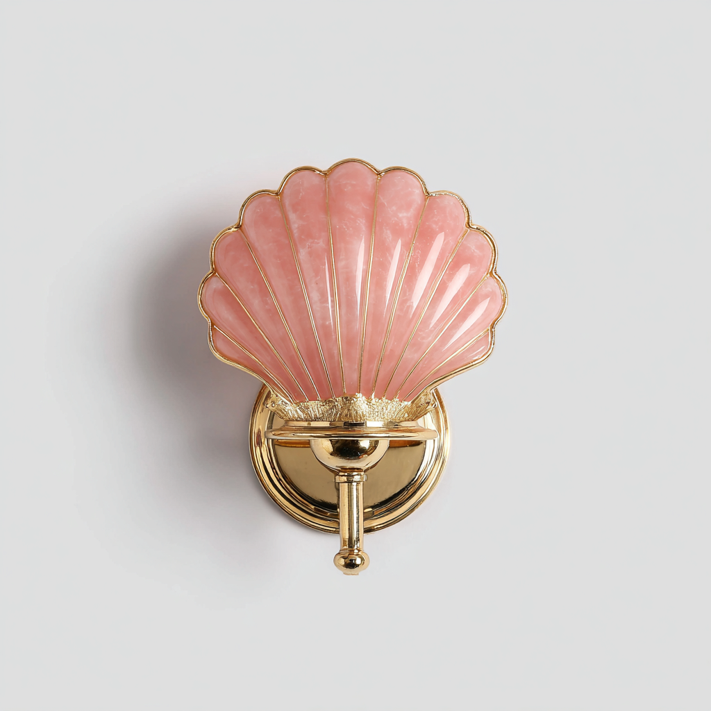 Applique a parete in metallo dorato e vetro rosa 23x30 cm - colore oro e rosa - per camera da letto e soggiorno - design a conchiglia art déco-Interiorixe