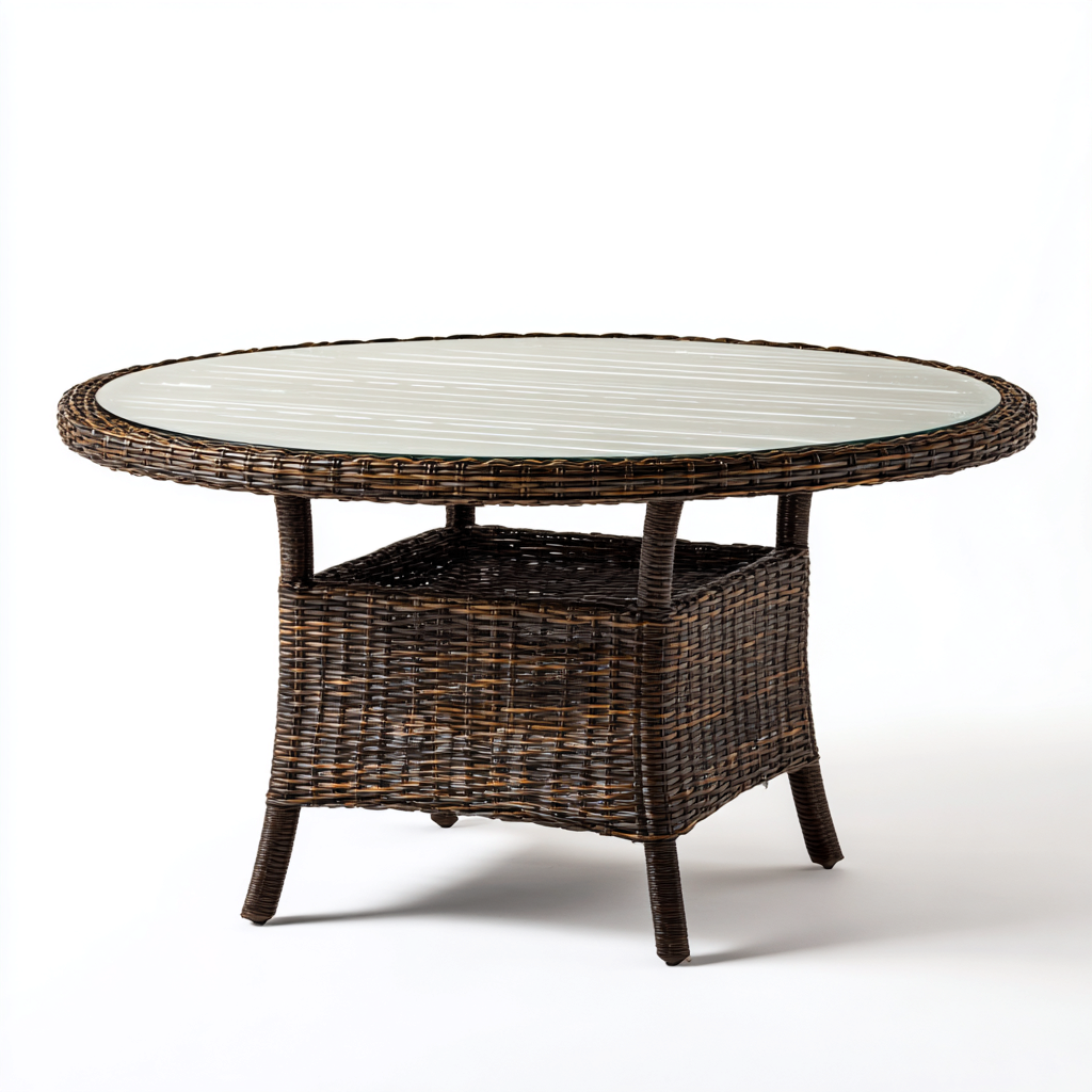 Tavolo da giardino rotondo in rattan sintetico con piano in vetro - 110x110x75 cm - marrone scuro - per esterni - design classico-Interiorixe