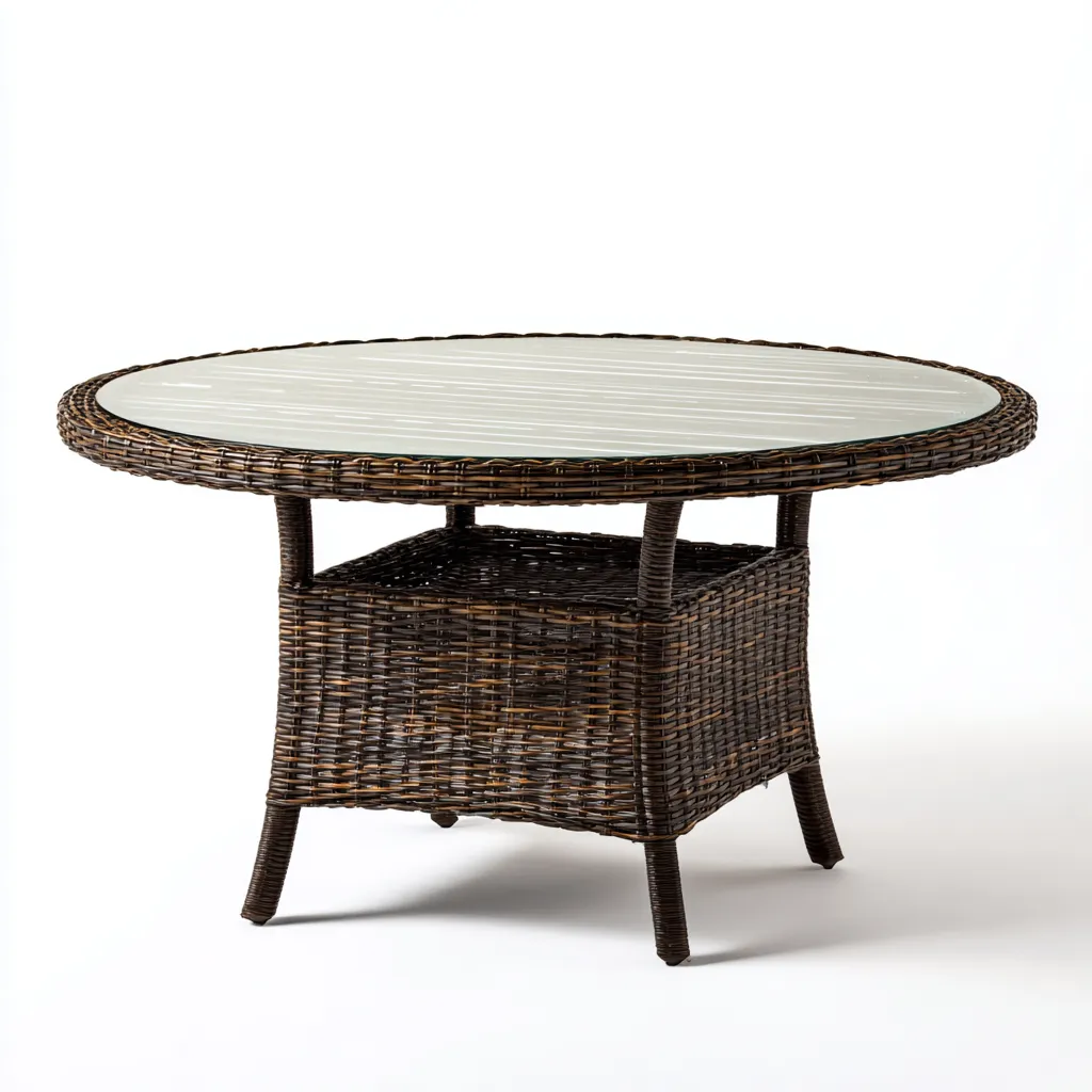 Tavolo da giardino rotondo in rattan sintetico con piano in vetro - 110x110x75 cm - marrone scuro - per esterni - design classico-Interiorixe