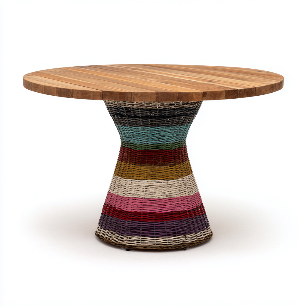 Tavolo da giardino rotondo in legno e rattan - 120x120x75 cm - multicolore e naturale - per esterni - design boho-Interiorixe