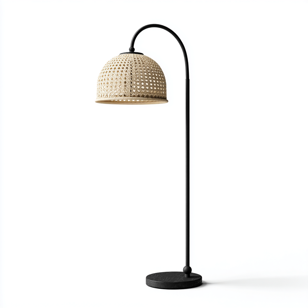 Lampada da terra con struttura in metallo e paralume in rattan per soggiorno 40x150 cm - naturale - nero - design nordico moderno-Interiorixe