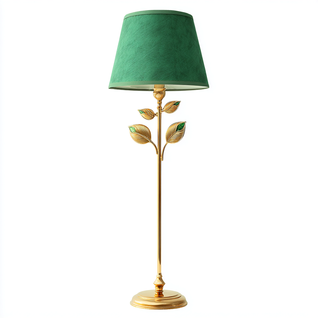 Lampada da terra in metallo con paralume verde per soggiorno 39x154 cm - oro - verde smeraldo - design classico con decoro a foglie-Interiorixe