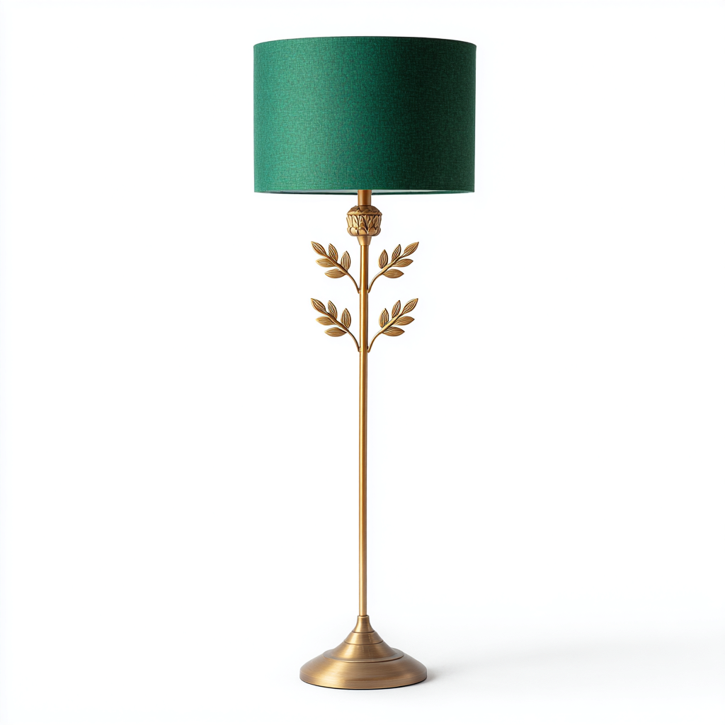 Lampada da terra in metallo con paralume verde per soggiorno 40x156 cm - oro - verde smeraldo - design classico con decoro a foglie-Interiorixe