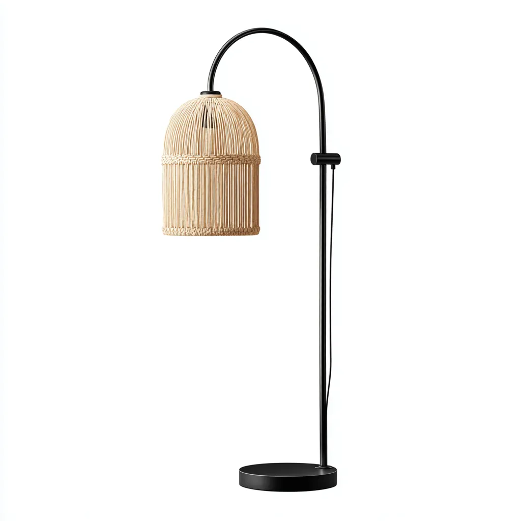 Lampada da terra con struttura in metallo e paralume in rattan per soggiorno 38x148 cm - naturale - nero - design boho moderno-Interiorixe
