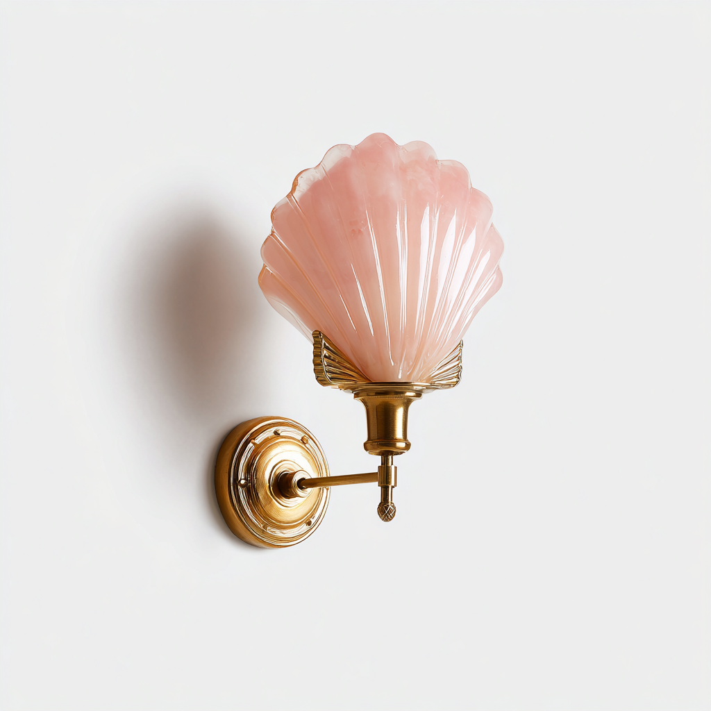 Applique a parete in metallo dorato e vetro rosa 20x33 cm - colore oro e rosa - per soggiorno e camera da letto - design elegante a conchiglia-Interiorixe