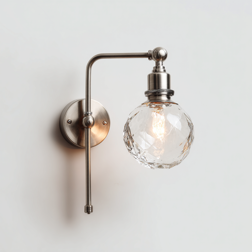 Applique a parete in metallo nichelato e vetro lavorato 18x35 cm - colore argento - per soggiorno e camera da letto - design classico moderno con sfera cristallina-Interiorixe