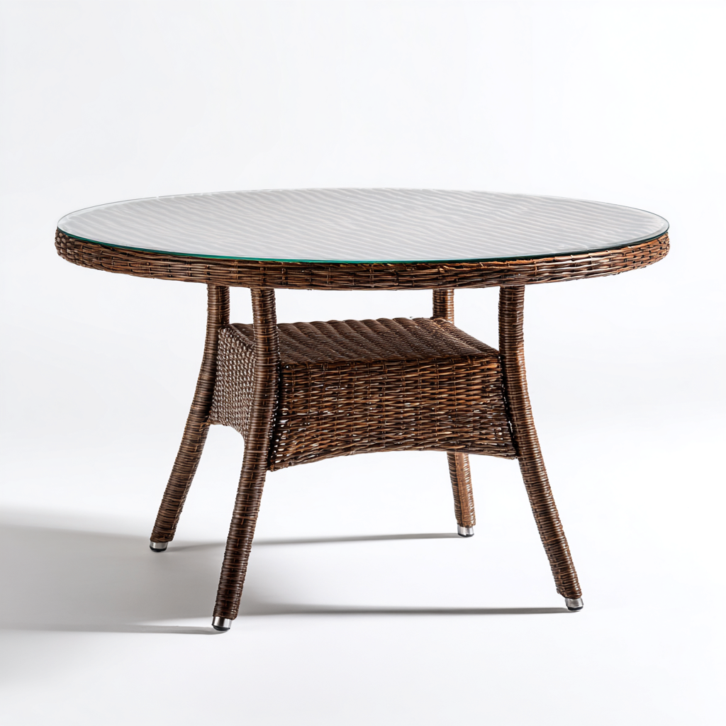 Tavolo da giardino rotondo in rattan sintetico con piano in vetro - 100x100x73 cm - marrone scuro - per esterni - design elegante-Interiorixe