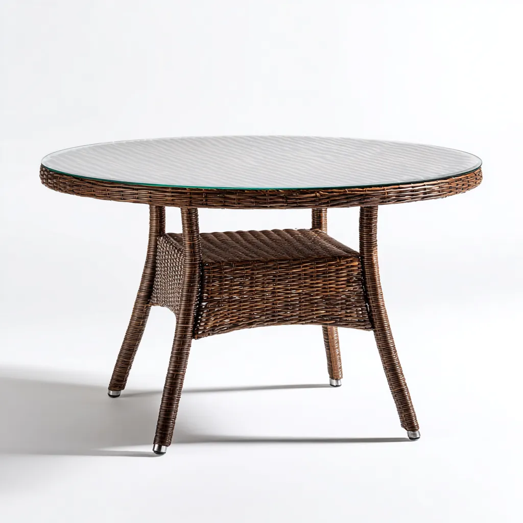 Tavolo da giardino rotondo in rattan sintetico con piano in vetro - 100x100x73 cm - marrone scuro - per esterni - design elegante-Interiorixe