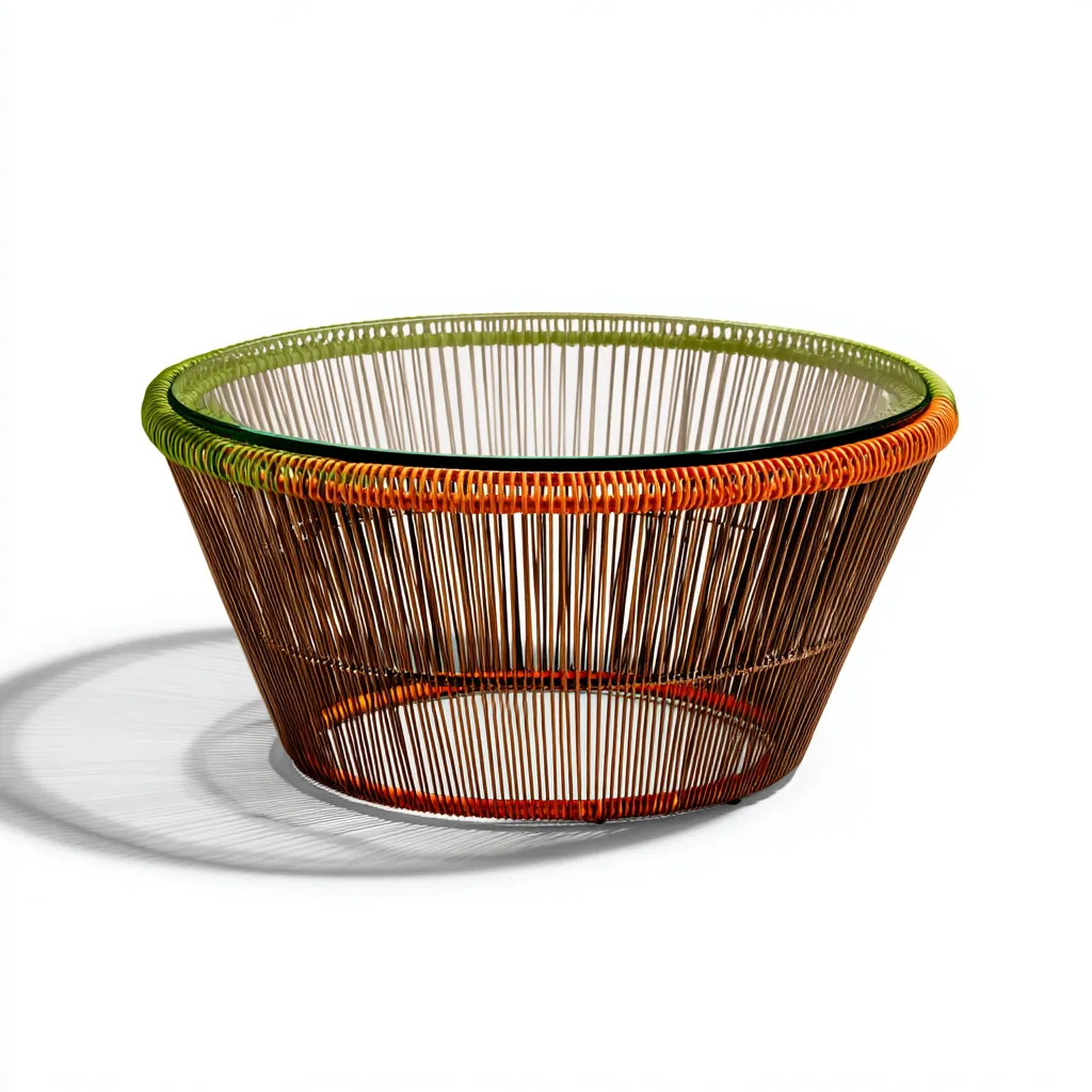 Tavolo da giardino rotondo in vetro e metallo intrecciato - 90x90x55 cm - arancione - verde - marrone - per esterni - design moderno-Interiorixe