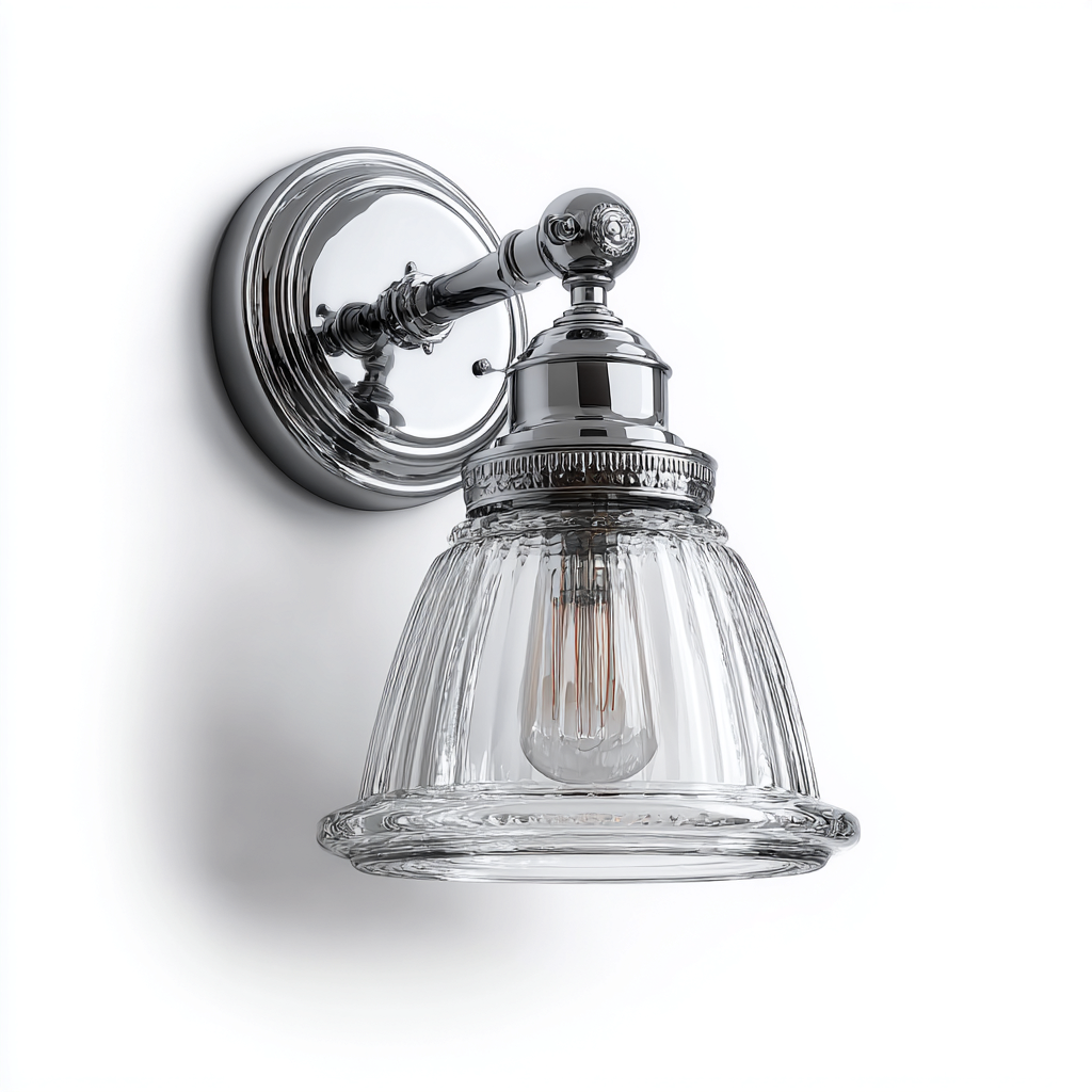 Applique a parete in vetro trasparente e metallo cromato 18x24 cm - colore argento - per bagno e corridoio - design classico con paralume scanalato-Interiorixe