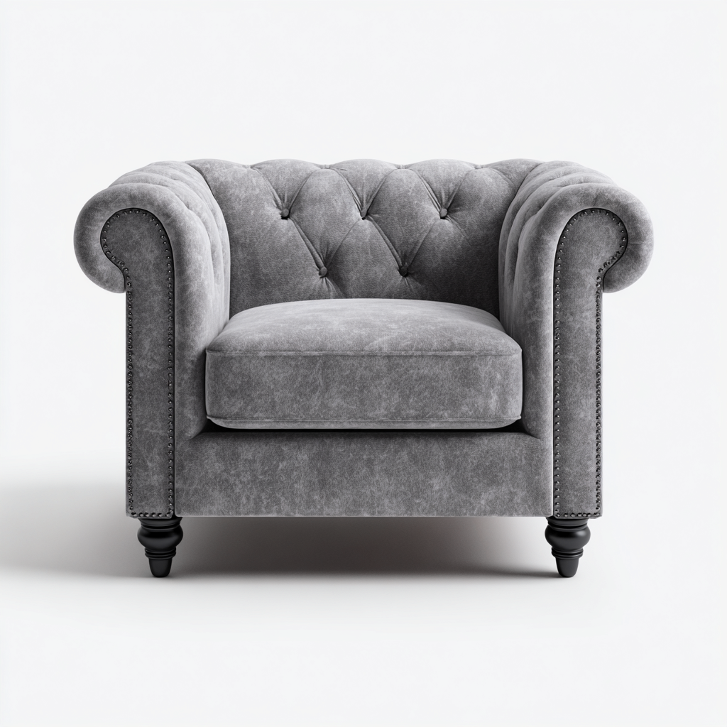 Poltrona-legno-velvet-98x90x75 cm-grigio-stile classico Chesterfield-Interiorza