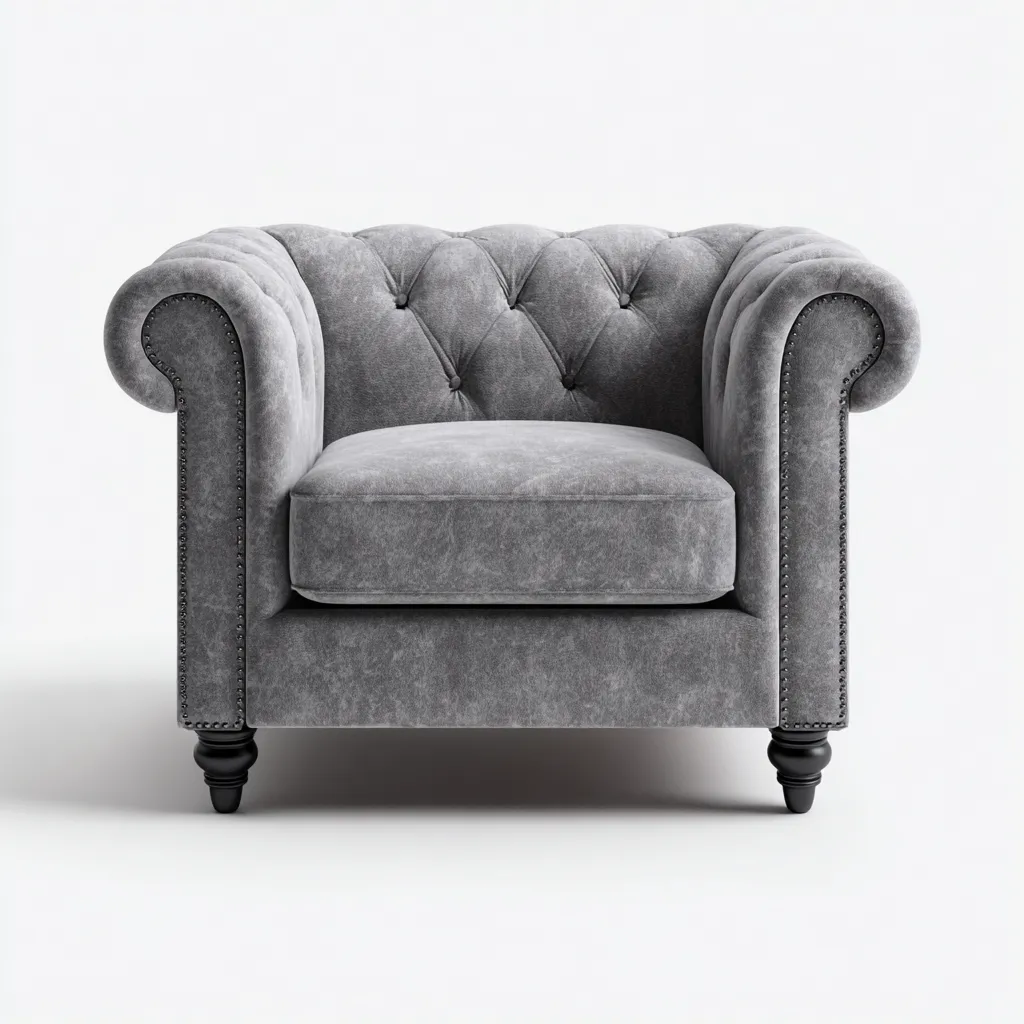 Poltrona-legno-velvet-98x90x75 cm-grigio-stile classico Chesterfield-Interiorza