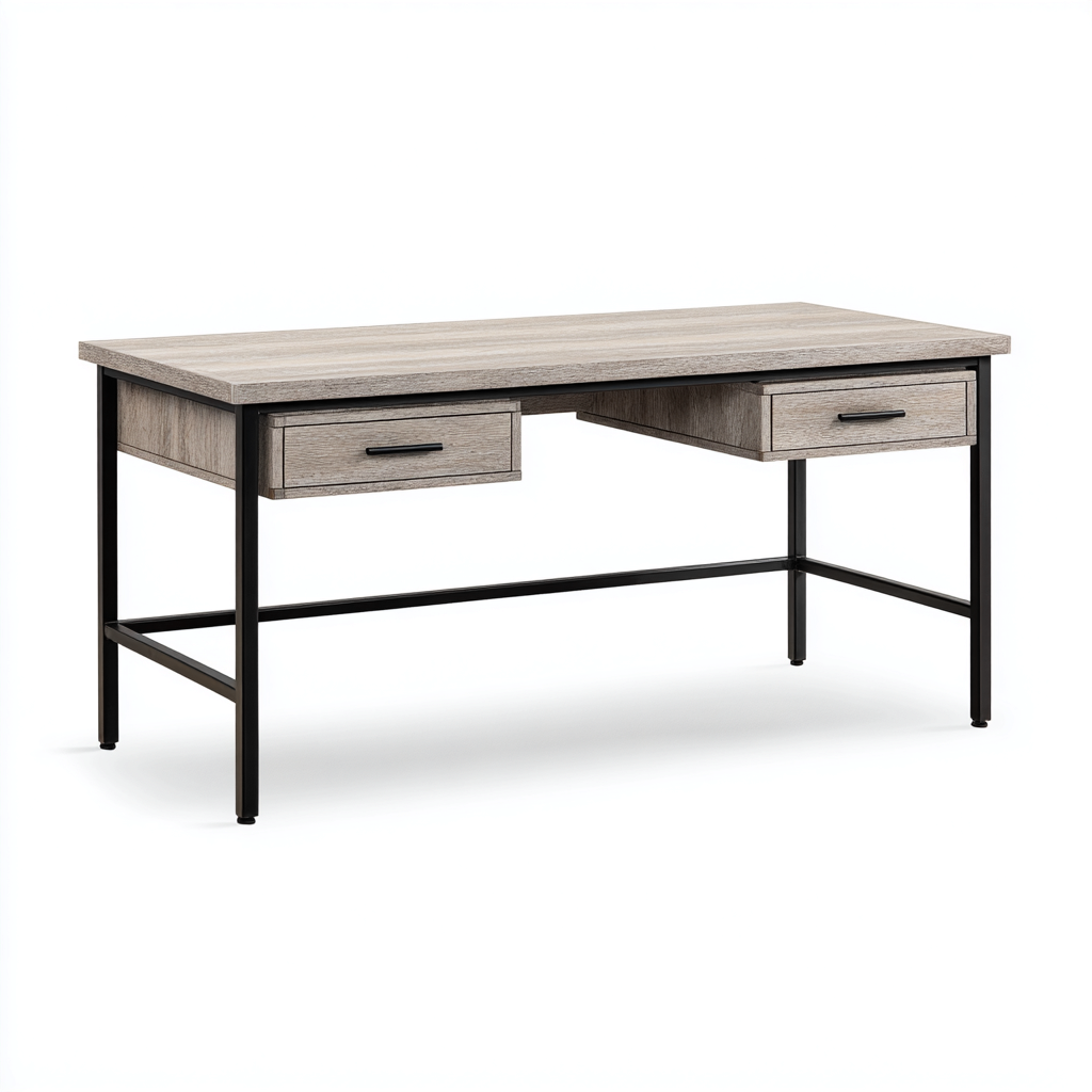 Scrivania-legno-metallo-140x65x76 cm-grigio chiaro-nero-stile industriale moderno-Interiorza