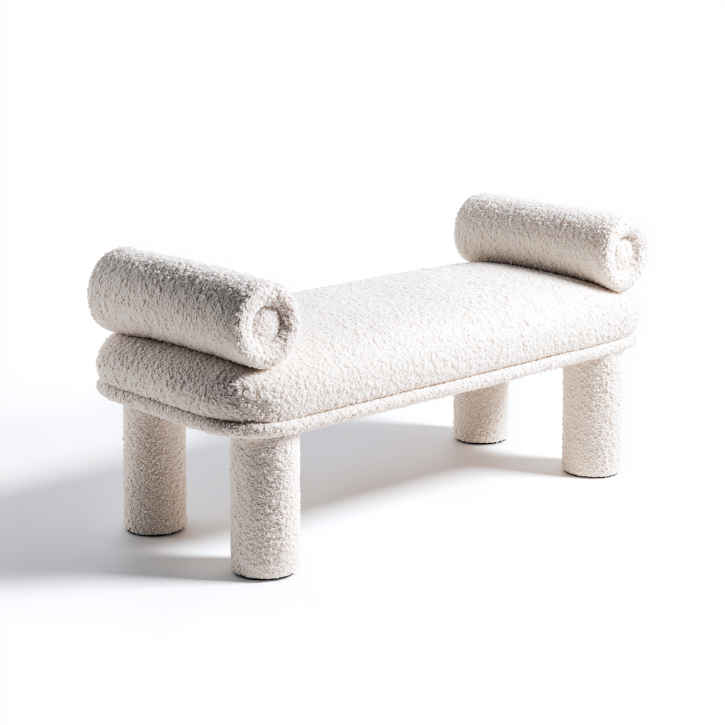 Panca per letto - bouclé-legno - 115x44x47 cm - bianco - design contemporaneo minimalista-Interiorza