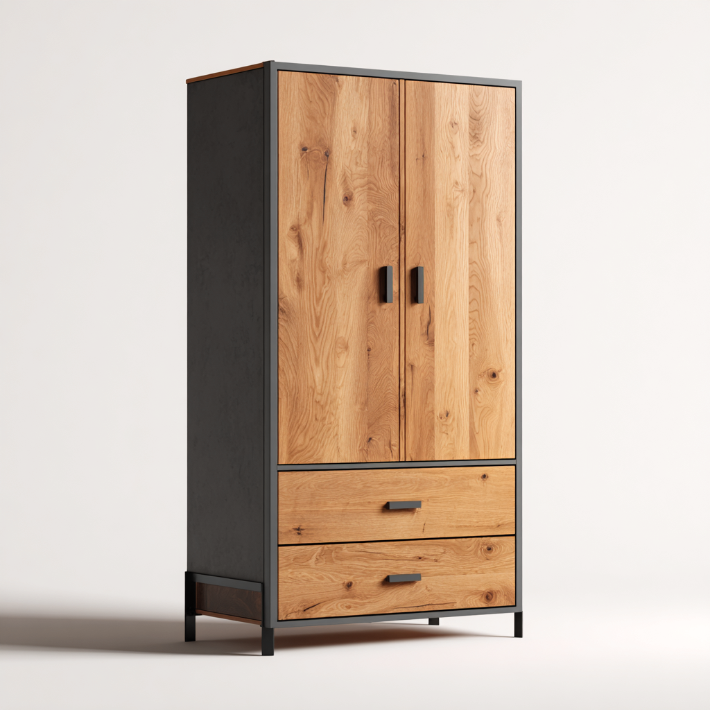 Armadio - legno-metallo - 90x50x180 cm - rovere naturale - stile industriale-Interiorza