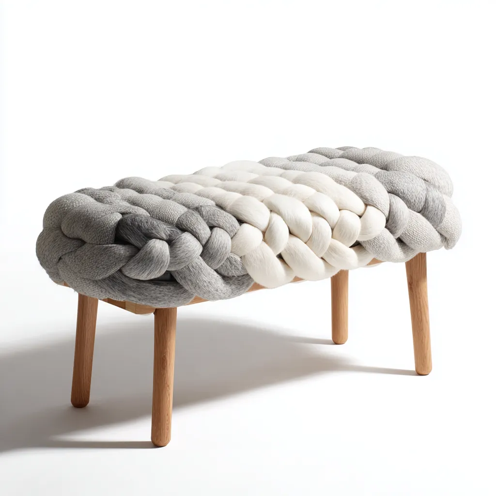 Panca per letto - lana-legno - 100x40x45 cm - grigio-bianco - design artigianale-Interiorza