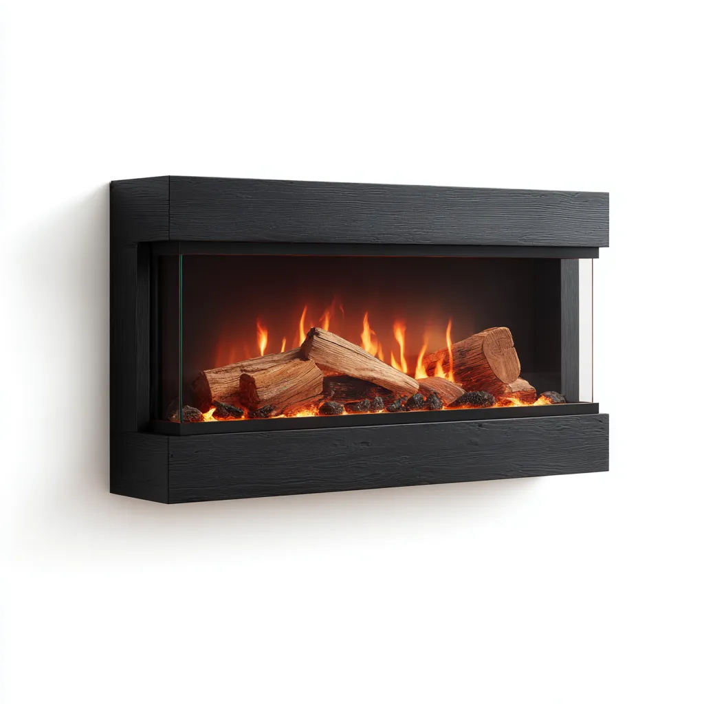 Camino elettrico - metallo-vetro-legno - 110x25x50 cm - nero - design moderno realistico-Interiorza