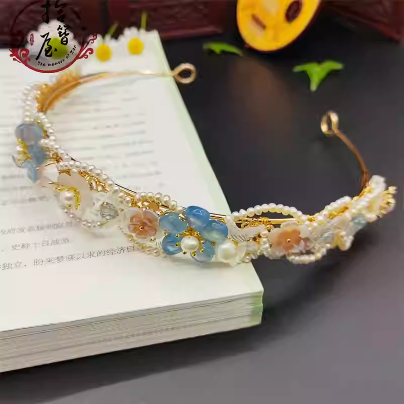 vintage sea blue pearl hair crown