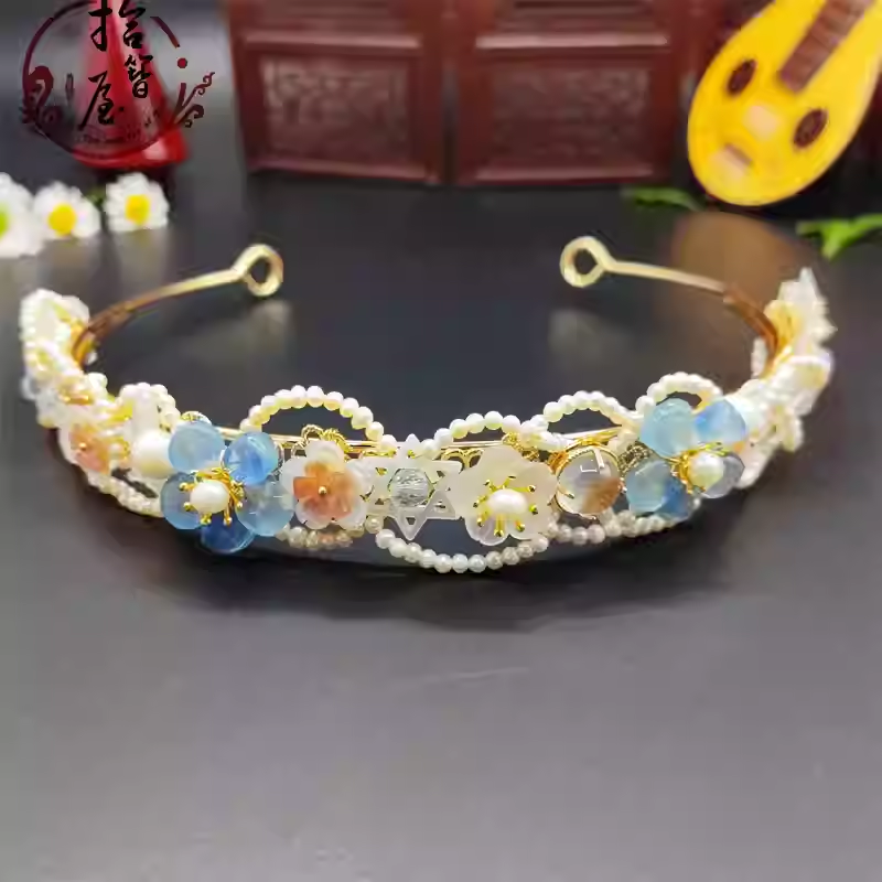 vintage sea blue pearl hair crown
