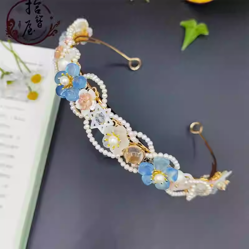 vintage sea blue pearl hair crown